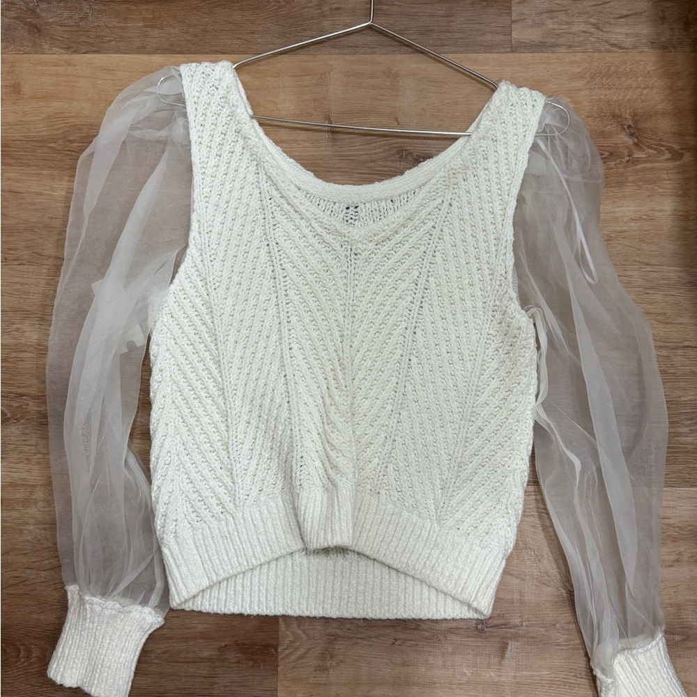 Anthropologie White Sweater with Sheer Sleeves